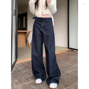 Women's Jeans Korean Retro Blue Loose Casual Women 2024 Spring High Waist Solid Color All Match Denim Wide Leg Pants With Belt