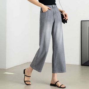 Smoke szare letnie cienkie dżinsowe spodnie dla damskiej wszechstronne wysuwane w paski luźne spodnie z szerokimi nogawkami z przyciętą prostą nogą i przyciętym krój z nieba