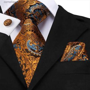 Neck Ties Neck Ties Hi-Tie 100% Silk Luxury Mens Ties Floral Black Gold Ties Paisley NeckTie Pocket Square Cufflinks Set Mens Wedding Party Tie Y240325