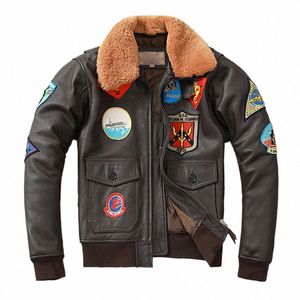 haft lotnik bombowy g1 kurtka lotnicza skórzana płaszcz mężczyźni menu siła zimowa odzież Aviati płaszcza prawdziwe furt 2xl-3xl t0hn#