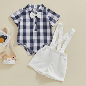 Giyim Setleri Toddler Boy Boy Yaz Beyefendi Kıyafetleri Kısa Kollu Düğme Bowtie Ekose Romper Askı Şort
