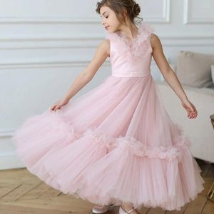 Flickklänningar Jill önskar elegant rosa blommaklänning V-ringad skivor dubai barn prinsessa födelsedag bröllop party boll afton klänning 2024 j116