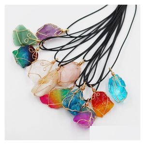 Collane con ciondolo Filo avvolto Arcobaleno Irregar Minerale Fluorite Cristallo Energia Pietra Guarigione Ametista Collana regalo Consegna a goccia all'ingrosso J Otpnd