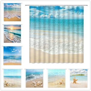 Tende Tende da doccia Ocean Beach Set Onde del mare Scenario estivo Cielo blu Paesaggi Conchiglie Stelle marine Decorazioni per il bagno Tenda da bagno in poliestere