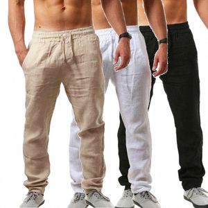 Summer Cott Line Pants Luźne oddychające spodnie Męskie oddychające spodnie Solidny kolor Fitn Lekkie sznurka do jogi