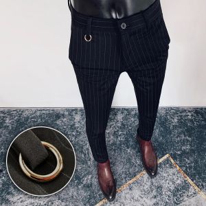 Calças de terno listrado de alta qualidade para homens fino ajuste casual vestido de negócios calças moda escritório social streetwear roupas masculinas