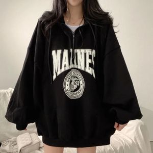 Kapşonlu Baggy Sakulaklar Üstleri Hoodies Uzun Grafik Kadın Giysileri Fermuarlı Gevşek Sweatshirt Kadınlar için Tam Zip Up Sweatshirt 240312