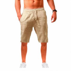 Męskie watła lniane spodnie letnie oddychające swobodne pięciopunktowe spodnie luźne szorty do joggingu sportowego mężczyzn stały kolor okręnny j8mj#