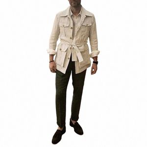 Multi Pockets Cott Blazer Jacket Men FI randig LG Sleeve Belt Lace-Up Suit Rockar för Mens Spring Casual Lapel Outfits M5R0#