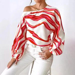 Women's Blouses Slash Collar Shirt Geometric Striped Print Lantern Sleeve Blouse For Women Loose Fit Pullover Top With Neck Stylish Spring