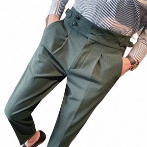 new 30 Color Mens Dr Suit Pants British High Waist Straight Men Social Trousers Belt Formal Pant Male Solid Stripe Grid 02Ts#