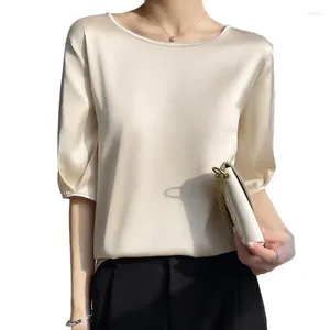 Kvinnors T -skjortor Spring/Summer Korean Satin Shirt 2024 Round Neck Middle Sleeve Tie Casual Commuter Top Blusa Mujer Moda