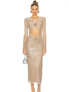 Casual Dresses Women Luxury Long Sleeve Sequins Sparkly Midi Gowns Dress 2024 Elegant Evening Party Cocktail Performance Costume