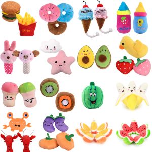 Brinquedos 10 20 50 pçs cão pelúcia brinquedos de rangido para pequenos cães médios grandes frutas vegetais donut hambúrguer macio dentes limpeza brinquedo