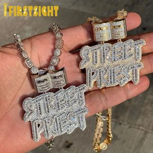 Iced Out Bling Buchstaben Street Priest Anhänger Halskette Silber Farbe Rechteck CZ Zirkon Abzeichen Charme Herren Hip Hop Schmuck 240311