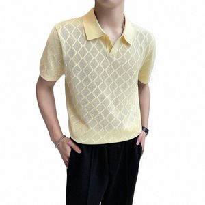 メンズスリムフィットVネックホローアウトニットポロシャツラペル、男性用の半袖ゴルフシャツ、Tシャツ-Homme、Camiseta Masculina 60fg＃