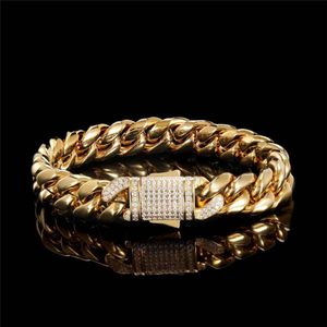 Wholesale Hip Hop Iced Out Clasp CZ Curb 9mm Bracelets Gold Plated Stainless Steel Cuban Link Bracelet for Men