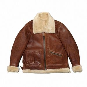 b-3 Aviator Brown Shearling Jacket for Men Slim Short Fit Cafe Racer Biker Military Style Winter Warm Thick Coat 61EW#