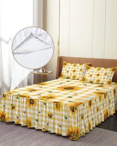 Saia de cama rústica flor de girassol amarelo xadrez elástico colcha com fronhas capa de colchão conjunto de cama lençol