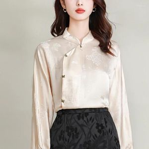 Женские блузки YCMYUNYAN-женская шелковая рубашка в китайском стиле, атласная свободная одежда с принтом, женские топы с длинными рукавами и цветочным принтом, весна-лето