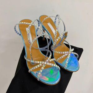 Sandaler Kvinnor Lady 2024 Zapatos Mujer Peep Toe High Heels Shoes Laser Crystal Pearl Sandalias Slingback Pumps Bridal Wedding