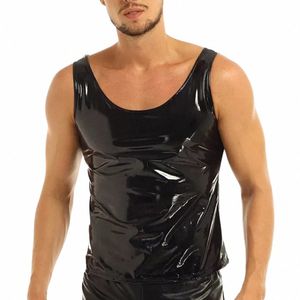 uomini casuali effetto bagnato in pelle PVC canottiera canotte gilet maniche solido nero o collo gilet maglietta uomo abbigliamento V2zR #