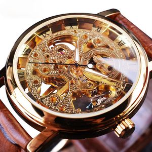 Transparent Golden Case Luxury Casual Design Brown Leather Strap Mens Watches Mechanical Skeleton242J