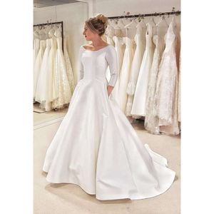 Nowe A-line proste satynowe sukienki ślubne 2020 3/4 Rękawy wiejskie kobiety eleganckie vintage skromne sukienki ślubne z kieszeniami CG001