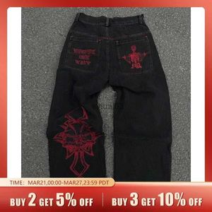 Men's Jeans Mens 2024 New Cotton Fashion Full Embroidered Skull Loose Straight Casual Jeans Street Hip Hop Y2K Vintage PantsL2403