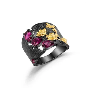 Cluster Rings Gem's Beauty Band Ring Natural Rhodolite Garnet 925 Sterling Silver Handmade Humming Bee Flower For Women