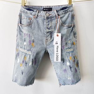 Purple jeans Purple brand denim shorts sells High street American plus-size hip hop ripped streetwear trend with splashed ink and torn denim shorts for men in summer