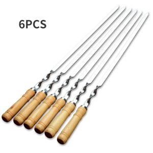 Grelhadores para churrasco espeto de aço inoxidável shish kebab conjunto de garfo de churrasco longo cabo de madeira plana agulha de churrasco grelhador de carne ferramentas ao ar livre 6 peças