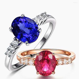 Cluster Rings Classical Princess Blue Red Crystal Ruby Sapphire Gemstones Diamonds For Women Rose Gold White Silver Color Jewelry Bijoux