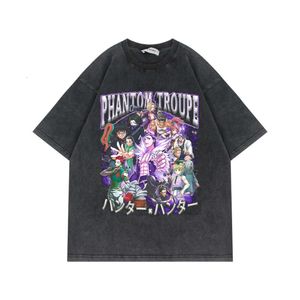 Tvättad nödställd kortärmad t-shirt heltidsjägare anime amerikansk överdimensionerad topp