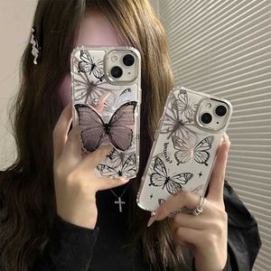 Mobiltelefonfodral Korea Ins Cute 3D Butterfly Ring Holder Stand Plated Mirror Phone Case för iPhone 12 13 14 Pro Max 14 13 Kawaii Back Cover H240326
