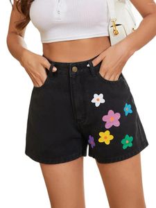 Kvinnors shorts 2024 Summer Fashion Black Flower Mönster denim Hög midja Sexig jeans xs-l