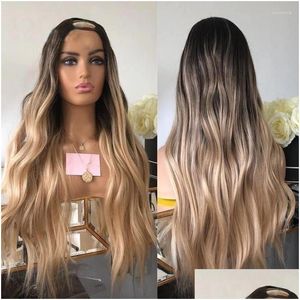 الباروكات الدانتيل OMBRE PLATINUM أشقر WAVY U Part 1x4 Middle Open Hair Hair Wig for Women Malaysian Remy 200ddensit