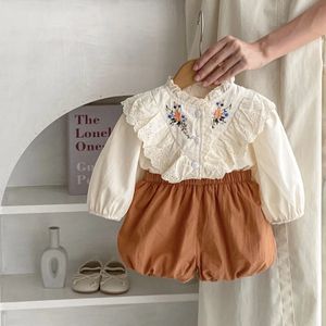 Infantil crianças conjunto de roupas de algodão nascido bebê meninas primavera manga cheia bordado topo t sólido pão bottoms 2 pçs 240314