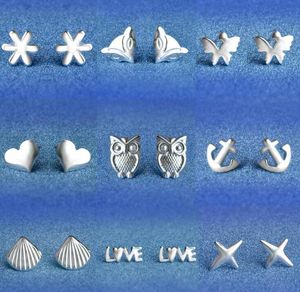 925 Sterling Silverörhängen S925 Mix Styles Owl Love Fox Sunflower Star Shell Heart Farterfly Anchors Ear Stud örhängen smycken F2693750