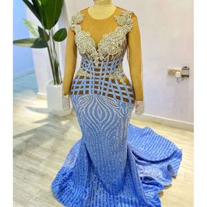 Ebi Oct Arabic Aso Sky Blue Mermaid Bride Dresses Crystals Sequined Evening Prom Formal Party Birthday Celebrity Mother Of Groom Gowns Dress ZJ