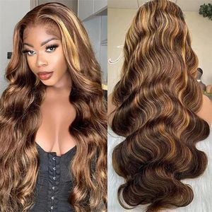 Brasiliansk 4/27 Highlight Body Wave Wig Human Hair Glueless Wigs Body Wavy 4x4 Lace Front HD Spets Wig Pre-Plucked for Women