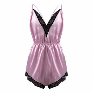 MEN MANA SEXY SOT SILK SATIN V-HECK Pyjamas Jumpsuit Justerbar spaghetti rem Nighties spets trimmade sömnkläder nattkläder D26A#