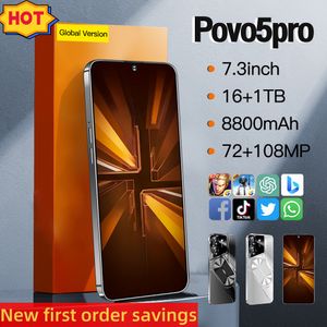 POVO5PRO Android Akıllı Telefon Dokunmatik Ekran Renk Ekranı 4G 8GB 12GB 16GB RAM 256GB 512GB 1 TB ROM 7.3 inç HD Ekran Yerçekimi Sensörü Birden Çok Dili Destekler