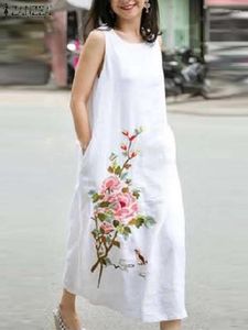 Casual Dresses Zanzea Kvinnor ärmlös klänning Baggy Floral Print Loose Midi 2024 Sommarsemester Vestidos Overdimensionerad tank Long Robe