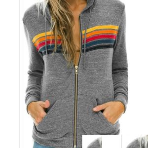 Mulheres Hoodies Moletons Mulheres Moda Hoodie Oversized Rainbow Stripe Manga Longa Moletom Zipper Drop Delivery Vestuário Clothin Dhziw