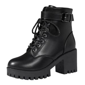 ブーツ太いヒールアンクルブーツ女性用ラグジュアリーブランド2023 New Black Pu Leather High Heels Shoes Autumn Winter Motorcycle Boots