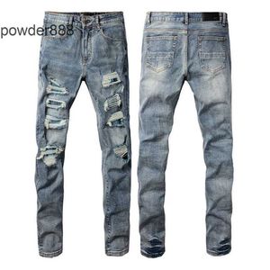 American Style High Street Slim Fit Elastic Versatile Live Broadcast Internet Celebrity Distessed Blue Diamond Hot Jeans