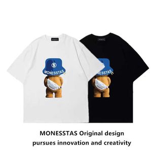 Amerikansk trendig tecknad ryggsäck med nallebjörntryck kortärmad t-shirt unisex sommar rund nacke tungvikt ren bomull