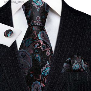 Nackband gratis frakt Herrband Set Black Blue Pink Paisley Silk Neck Tie Handkulduk Manschettknappar Set Wedding Present Barrywang 5942 Y240325