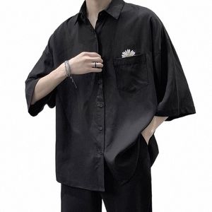 short-sleeved shirt men's summer daisy embroidery Gothic black shirt loose Grunge Hg Kg style Japan hip hop handsome blouse s9Fb#